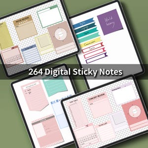May include: A digital product showcasing 264 sticky notes on tablets. The notes feature various designs, including to-do lists, calendars, and movie reviews. The color palette includes pink, yellow, and blue notes. The text "264 Digital Sticky Notes" is displayed.