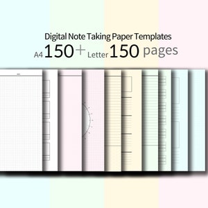 May include: Digital note-taking paper templates with various designs, including grid, lined, and dotted pages. The image shows a stack of 150+ pages in A4 and Letter sizes. The text on the image says "Digital Note Taking Paper Templates" and "150+ pages".