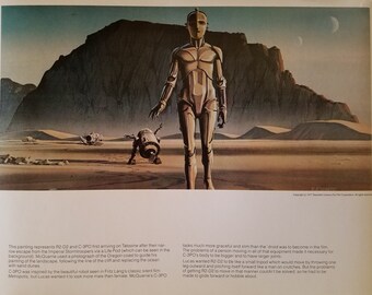 Vintage 1978 Star Wars A New Hope Droids: C-3PO and R2-D2 by Ralph McQuarrie 11 x 14 Production Art Print