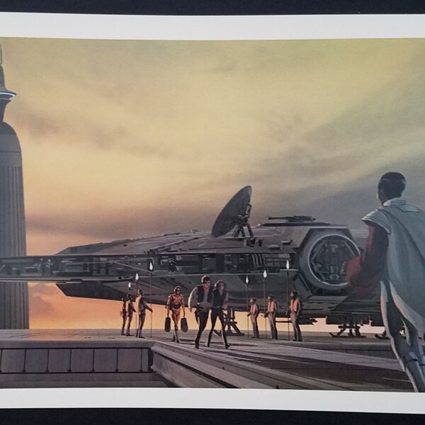 Vintage 1980 Star Wars The Empire Strikes Back Millenium Falcon Arrives at Bespin by Ralph McQuarrie 10 x 21 Production Art Print