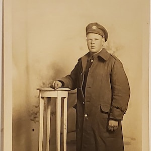 Postcard RPPC Young Man with Uniform and Coat