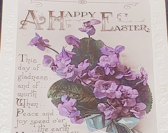 Post Card Holiday Easter A Happy Easter Purples Flowers on Green Leaves Embossed