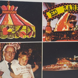 May include: A vintage postcard featuring a stained glass lampshade, a restaurant with a sign that reads "Ed Zaberer's", a family portrait, and a night view of the restaurant. The postcard is a promotional piece for the restaurant.