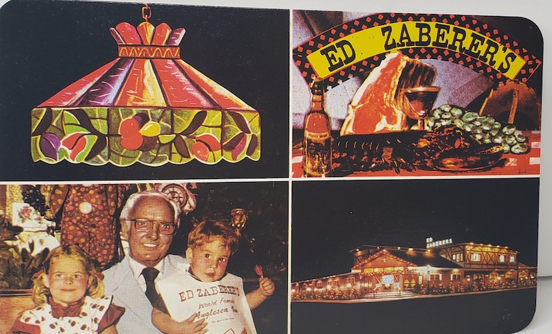 May include: A vintage postcard featuring a stained glass lampshade, a restaurant with a sign that reads "Ed Zaberer's", a family portrait, and a night view of the restaurant. The postcard is a promotional piece for the restaurant.