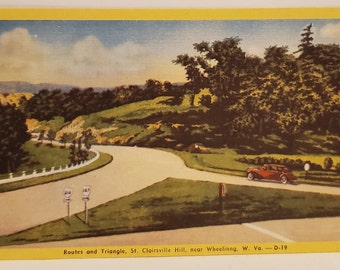 Post Card WV Bridge up St Clairsville Hill near Wheeling West Virginia Linen