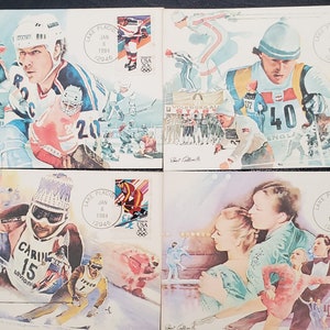 Tarjeta Postal Máxima 1984 Juegos Olímpicos de Invierno Hockey sobre hielo, esquí alpino, patinaje sobre hielo, esquí de fondo