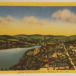 Carte postale WV regardant vers le nord sur la rivière Ohio Wheeling West Virginia Linen