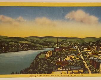 Post Card WV Looking North on the Ohio River Wheeling West Virginia Linen