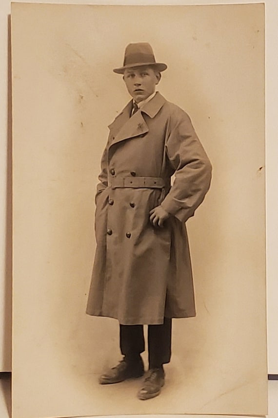 Postcard RPPC Young Man with Hat and Trench Coat