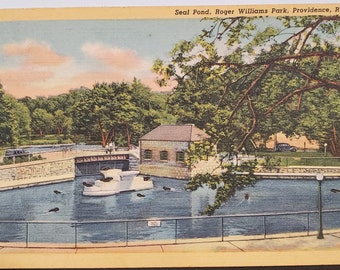 Cartolina RI Seal Pond Williams Park Providence Rhode Island Curteich Linen