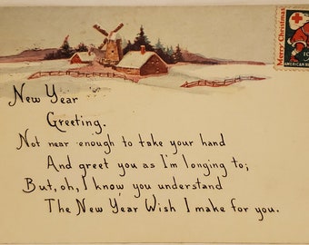 Vintage 1916 New Year Postcard: Winter Scene Greeting