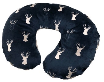 Minky Nursing Pillow Cover.  Antlers Cuddle in Navy.  You choose the Dimple Dot back. 46 Fabric Choices. Boy or Girl. Customizable.