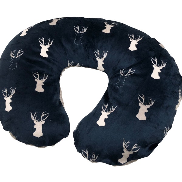 Minky Nursing Pillow Cover.  Antlers Cuddle in Navy.  You choose the Dimple Dot back. 46 Fabric Choices. Boy or Girl. Customizable.