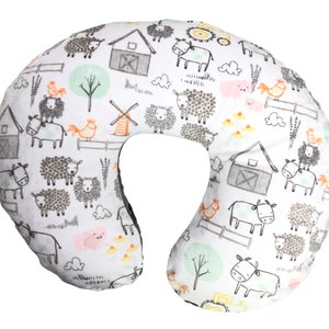 Minky Nursing Pillow Cover. Farm Animals Cuddle. You choose the Dimple Dot back. 46 Fabric Choices. Back is pictured in Charcoal Dimple Dot.
