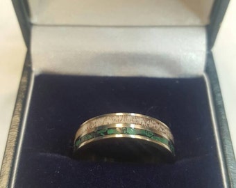 Titanium Wedding Band Ring with Malachite and Red Deer Antler Inlays