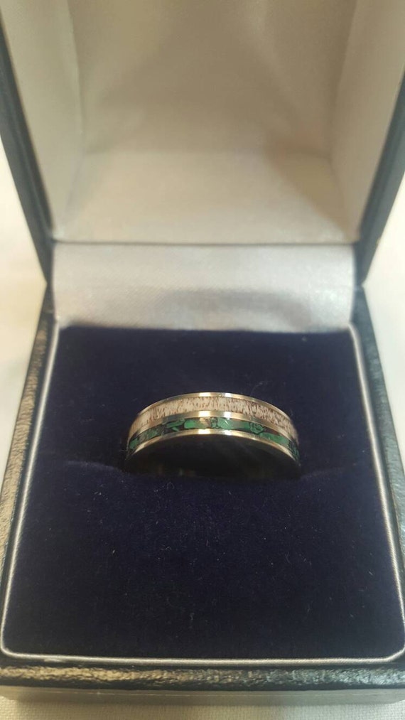 Titanium Wedding Band Ring with Malachite and Red Deer Antler | Etsy