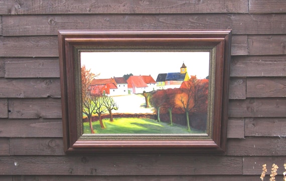 Large Colourful Continental Village Scene Oil on Canvas In Mahogany Frame