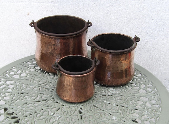 Set Of Three Graduated Antique Copper Hand Hammered Cauldrons