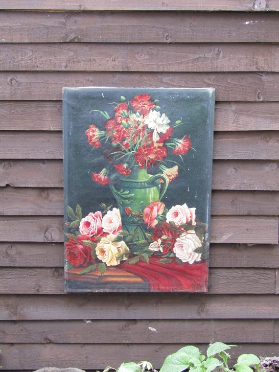 Vintage Large Floral Oil Painting on Canvas Framed Still Life Flowers in Vase