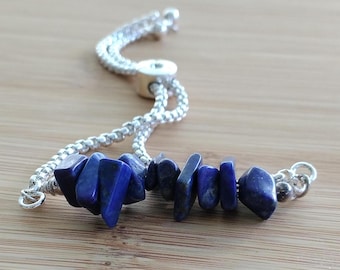 Pulsera de lapislázuli en bruto, cadena de plata ajustable, piedra natal de septiembre