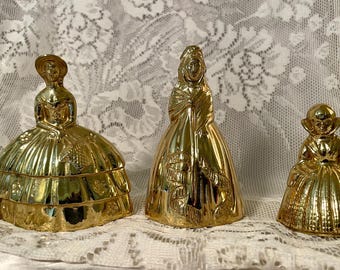 Set of 3 Vintage Brass Victorian Lady Dinner Bells