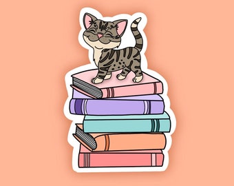 Cat on Books Sticker: Waterproof Decal for Book/Cat Lovers