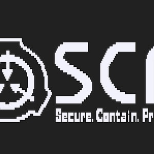 May include: Black background with a white pixelated SCP logo and text. The logo is a circle with arrows pointing inward. The text reads "SCP Secure. Contain. Protect."