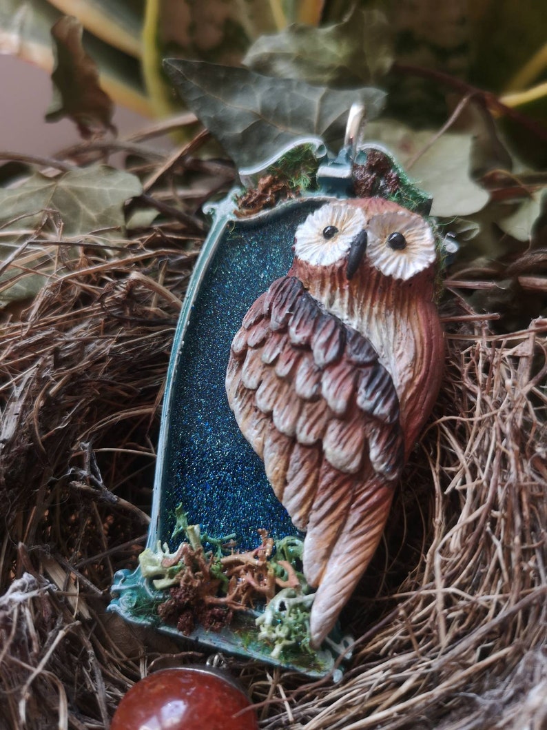 miniatures crystal therapy amulet red diaspro jewell handcrafted object Sagittarius necklace owl polymerclay Animal totem