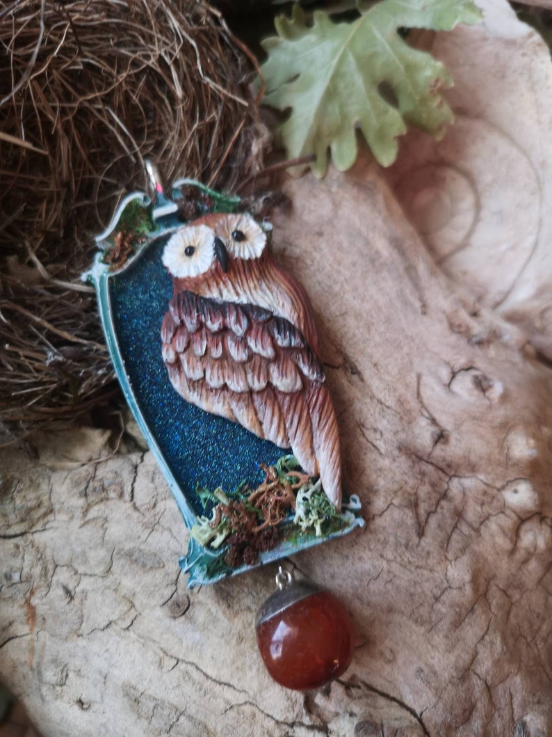 miniatures crystal therapy amulet red diaspro jewell handcrafted object Sagittarius necklace owl polymerclay Animal totem