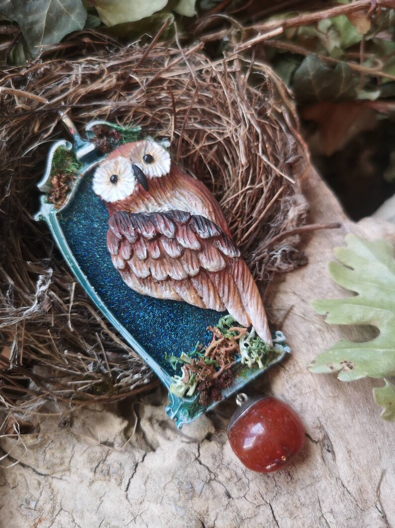 miniatures crystal therapy amulet red diaspro jewell handcrafted object Sagittarius necklace owl polymerclay Animal totem