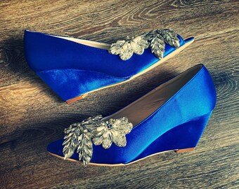 Royal Blue Satin Peep Toes Wedges With Rhinestone Beaded - Etsy