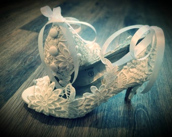 Beautiful Bridal Wedding Ivory Flower Lace Peeptoe Low Mid Heels Shoes With Button Backs and Satin Ankle Ties Available in all Sizes