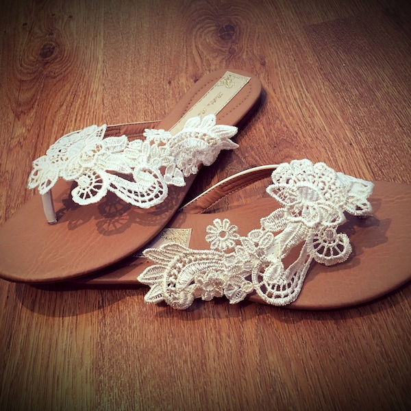 Ivory or White Pretty Bridal Wedding Lace Flip Flops Flat Sandals