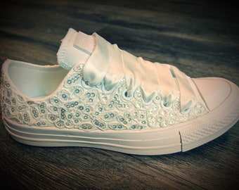 Bridal Wedding Prom Custom Sequin Lace & Rhinestone Low Top Converse Trainers Sneakers (rhinestones available in any colour combinations)