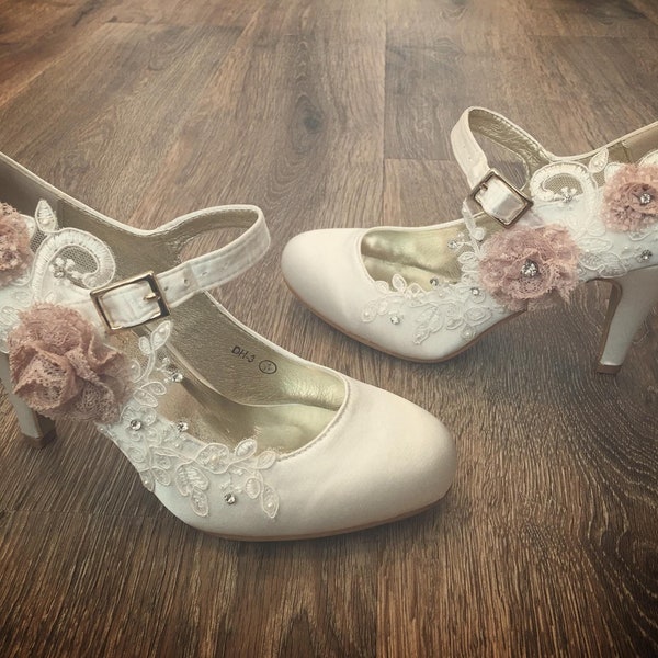 Ivory or White Mary Jane Heels with Beautiful Bridal Lace, Dusky Blush Dusty Pink Lace Flowers and Rhinestones