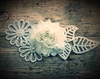 Natural Ivory cream shabby chic vintage hand made flower leaves head piece hair clip. Available in other colour variations