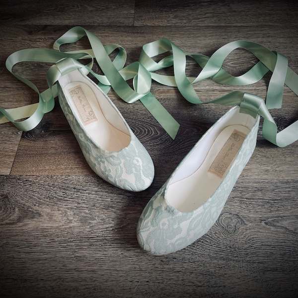 Sage Pastel Mint Pale Green Flat Ballerina Pumps covered in Beautiful Delicate Floral  Lace with Satin Leg or Ankle Ties