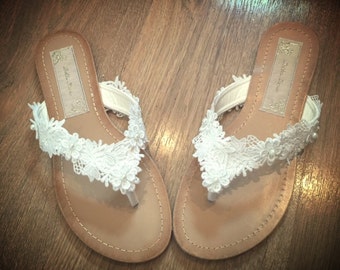 Pretty Lace & Pearl Bridal Flip Flops Sandals Flat Thongs Available in all sizes.