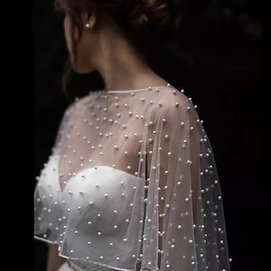 Beautiful Bridal Wedding Bridesmaid Pageant Ball Wedding Guest Pearl Embellished Lace Cape Shawl Bolero Cover Up Veil