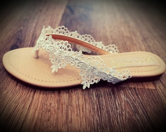 Beautiful Bridal Wedding Ivory Lace Flip Flops Sandals Thongs