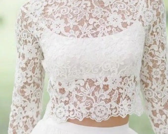 Beautiful Bridal Floral Wedding Longsleeve High neck Lace Cover Up Top in either White or Ivory S, M, L, XL, XXL, 3XL, 4XL & 5XL