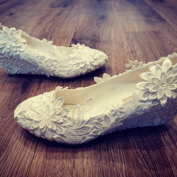 Ivory Lace Low Wedge Bridal Wedding Shoes Heels Wedges. Available in all sizes
