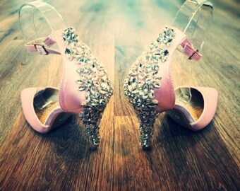 Baby Pink Satin Pointy Heels with Stunning Rhinestone Detail to Backs. Available on any style and colour of shoes