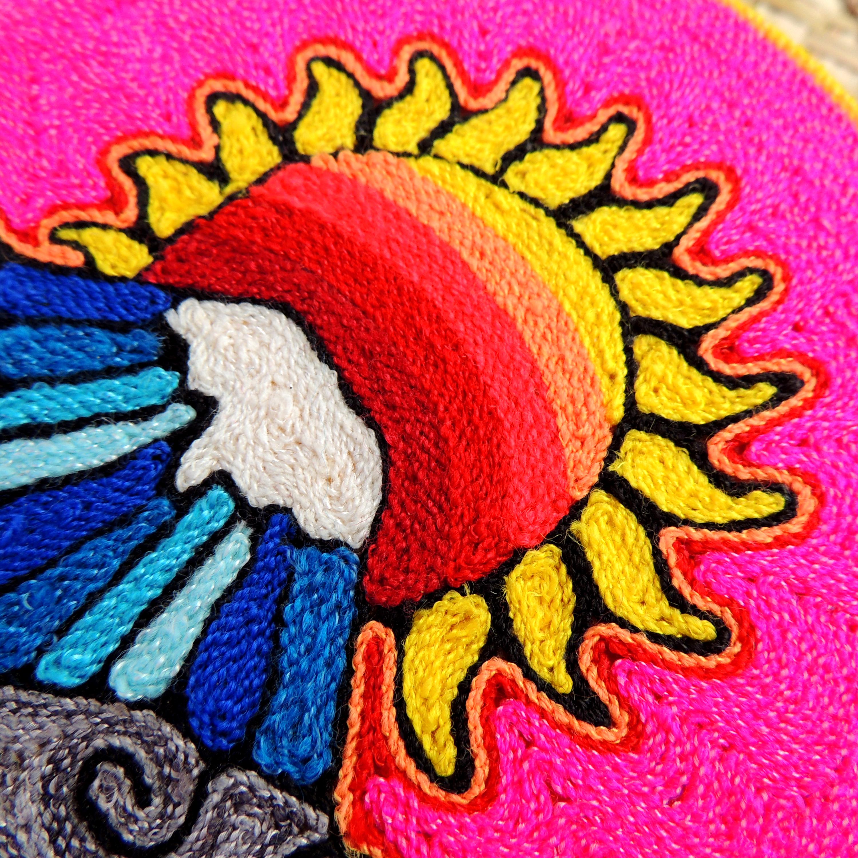 Huichol Yarn Painting Mountain Sun 6-inch Round Mexican Folk Art