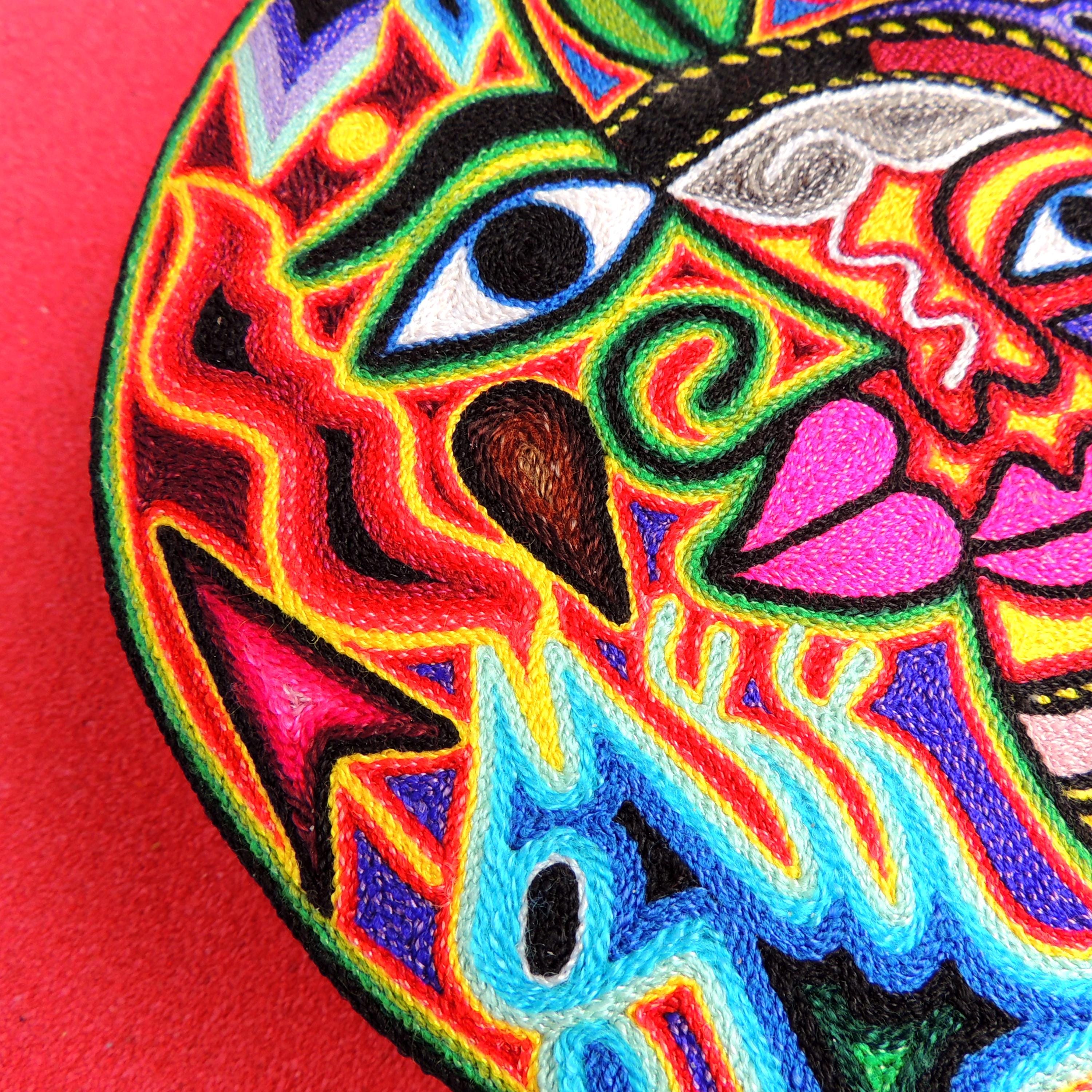 Huichol Yarn Painting Sun and Moon Eclipse Mexican Folk Art