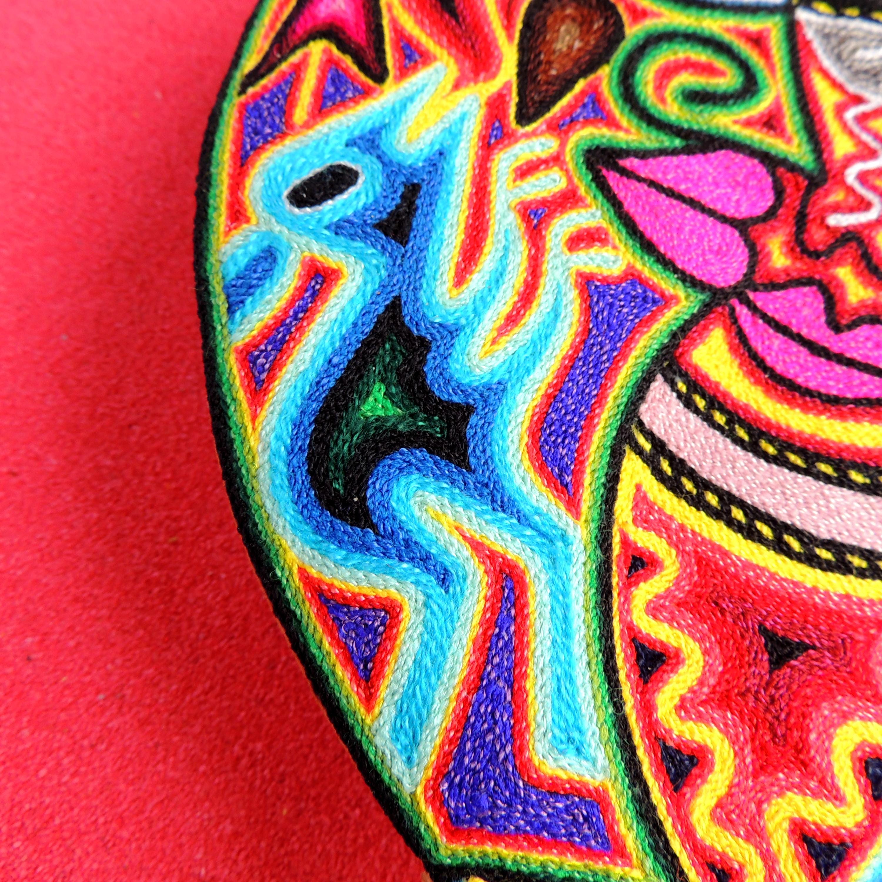 Huichol Yarn Painting Sun and Moon Eclipse Mexican Folk Art