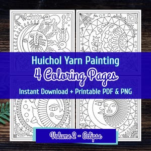 Huichol Eclipse Coloring Page Set, Shaman Snake Peyote Art Bundle