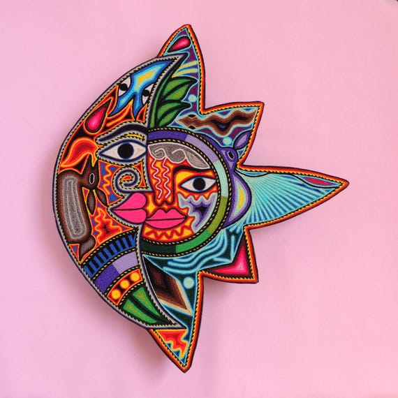 Huichol Yarn Painting Sun and Moon Eclipse Shaped Mexican Folk Art