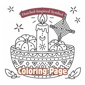 Pagina da colorare Jicara ispirata agli Huichol - Wixarika Arte popolare messicana Offerta rituale stampabile