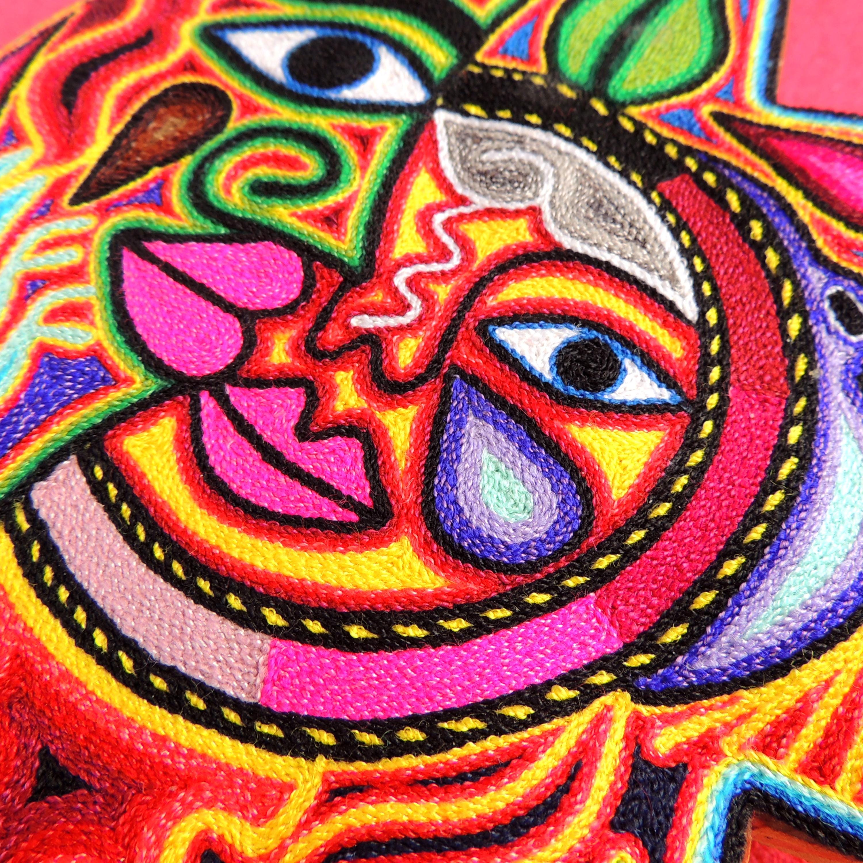 Huichol Yarn Painting Sun and Moon Eclipse Mexican Folk Art